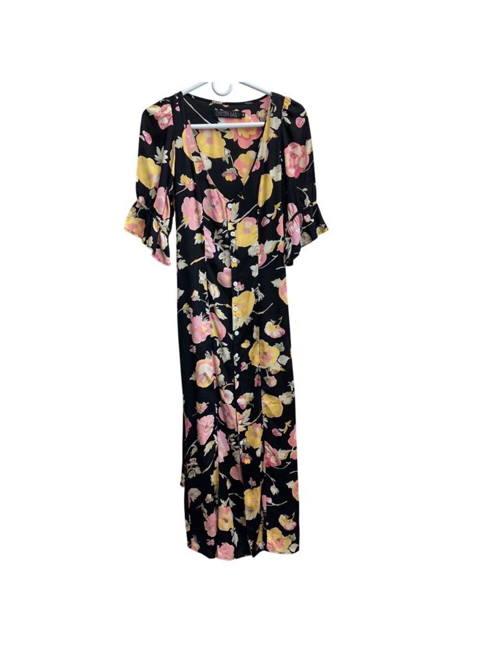 Christy Dawn Lennon Dress Black w Pink Yellow Floral Recycled Rayon Size Small